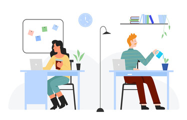 People work in business office flat vector illustration. Cartoon colleague worker team of characters working at workplace, businessman sitting at computers, watering office plants isolated on white