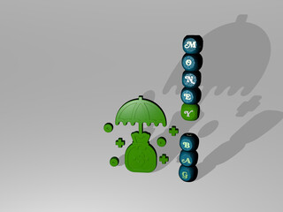 3D graphical image of MONEY BAG vertically along with text built around the icon by metallic cubic letters from the top perspective. excellent for the concept presentation and slideshows.