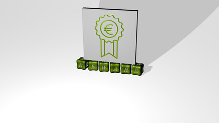 3D representation of REWARD with icon on the wall and text arranged by metallic cubic letters on a mirror floor for concept meaning and slideshow presentation. illustration and award