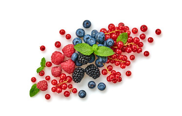 Blueberry, raspberry, blackberry, redcurrant isolated on white. Fresh blueberry, berries mix closeup. Red raspberry, mint creative composition. Colorful trendy concept, top view.