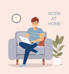 Fototapeta na wymiar Young man sitting on the chair and working with laptop. Vector flat illustration