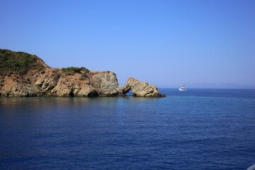 Fototapeta na wymiar Wonderful bizarre cliffs in the Mediterranean Sea, bays near the resort town of Fethiye in Turkey.