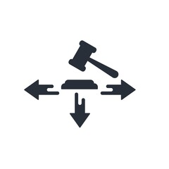 Judge's gavel and arrows. Distribution of the law. Vector icon isolated on white background.