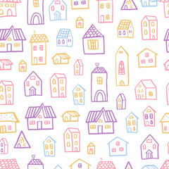 Vector seamless pattern with houses in doodle style. Stylish background for a nursery.