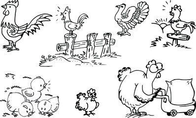Vector drawing cartoon illustration chicken set