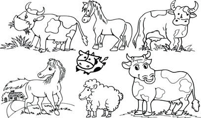 vector drawing cartoon cow and horse and sheep set