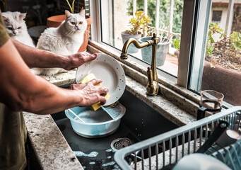 man washes the dishes