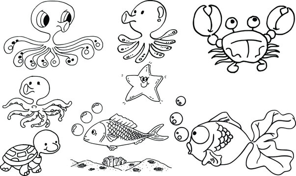 vector drawing cartoon octopus and crab and turtles and star fish and fish