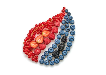 Blueberry, raspberry, blackberry, redcurrant, strawberry leaf isolated on white. Fresh blueberry, berries mix closeup. Red raspberry, mint creative composition.