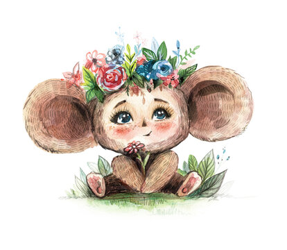 Cheburashka with flowers. Russian cartoon characters. Cute cheburashka sits and holds flowers. Watercolor illustration. 