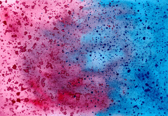 Abstract colorful background with bubbles. Watercolor wet texture. Blue and red colors. Creative wallpaper. Aquarelle texture. Color splashing on paper. Cosmic texture