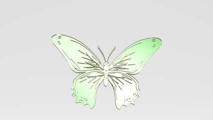 BUTTERFLY made by 3D illustration of a shiny metallic sculpture on a wall with light background. beautiful and design