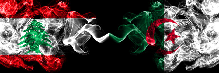 Lebanon vs Algeria, Algerian smoky mystic flags placed side by side. Thick colored silky abstract smoke flags.