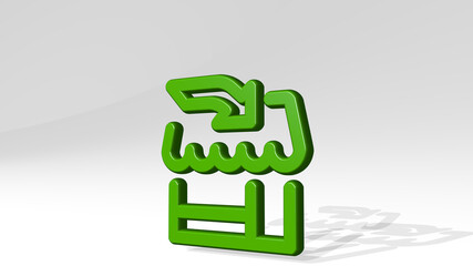 SHOP ARROW from a perspective with the shadow. A thick sculpture made of metallic materials of 3D rendering. illustration and background