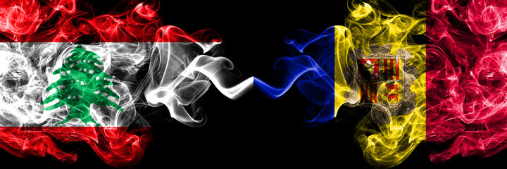 Lebanon vs Andorra, Andorran smoky mystic flags placed side by side. Thick colored silky abstract smoke flags.