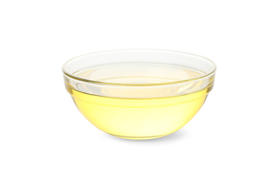 Glass Bowl Of Sunflower Oil Isolated On White Background