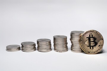 Golden Bitcoin, Silver Litecoin and Rupiah coin isolated on white background. Cryptocurrency and Indonesian currency