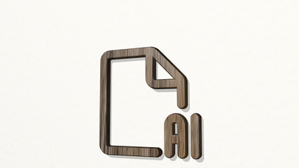 DESIGN FILE AI on the wall. 3D illustration of metallic sculpture over a white background with mild texture. abstract and art