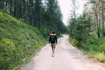 Obraz premium Young male nature explorer walking on the dirt road through the forest