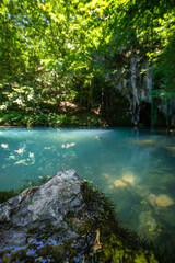 Fototapeta premium Krupajsko Vrelo (The Krupaj Springs) in Serbia, beautiful water spring with waterfals and caves. Healing light blue water.