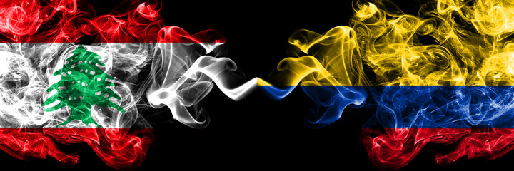 Lebanon vs Colombia, Colombian smoky mystic flags placed side by side. Thick colored silky abstract smoke flags.