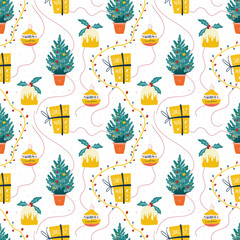 Merry Christmas and Happy New Year seamless pattern illustration. Trendy style. Vector design template. Design for poster, card, invitation, placard, brochure, flyer.