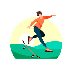 Woman jumping with a skateboard vector illustration. Girl riding a board design element. Modern activity, urban vehicle in flat cartoon style.