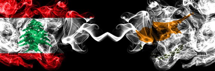 Lebanon vs Cyprus, Cyprian smoky mystic flags placed side by side. Thick colored silky abstract smoke flags.