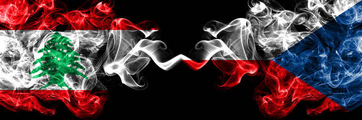 Lebanon vs Czech Republic smoky mystic flags placed side by side. Thick colored silky abstract smoke flags.