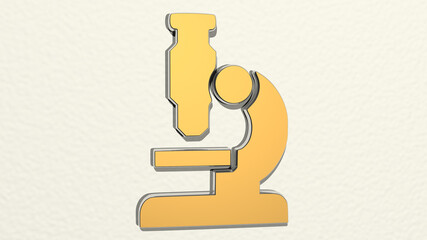 microscope made by 3D illustration of a shiny metallic sculpture on a wall with light background. biology and laboratory