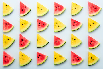 Watermelon colorful pattern background. Fresh red yellow watermelon slices closeup, wallpaper, top view. Creative summer concept, fashionable trendy flat lay