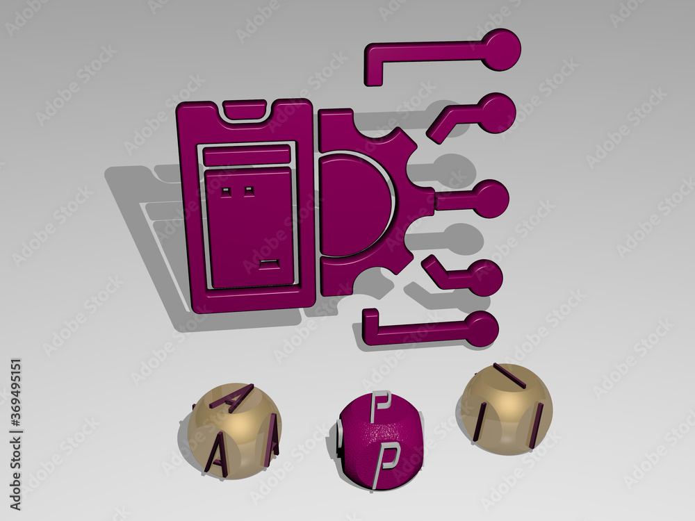 Fototapete 3d illustration of api graphics and text around the icon made by metallic dice letters for the relat