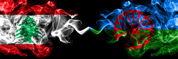 Lebanon vs Gipsy, Roman smoky mystic flags placed side by side. Thick colored silky abstract smoke flags.