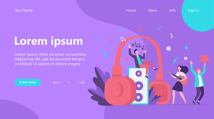 Happy tiny people listening spiritual music near huge headphones flat vector illustration. Young guy holding star and girl playing guitar. Lifestyle and technology concept