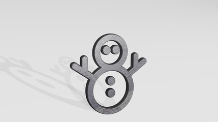 christmas snowman casting shadow from a perspective. A thick sculpture made of metallic materials of 3D rendering. background and illustration