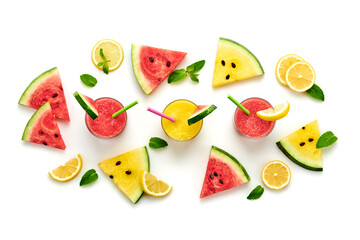 Watermelon, lemon colorful isolated on white background. Fresh red yellow watermelon slices, citrus creative composition, top view. Lemonade in glass, fashionable trendy summer beverage, flat lay