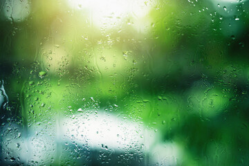 Water droplets flowing from clear glass after rain