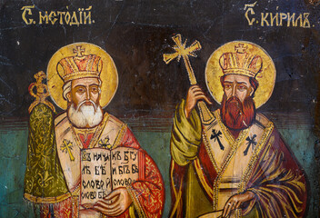 Bratislava, Slovakia, 2020/6/25. Byzantine icon of Saints Cyril and Methodius, the two brothers who...