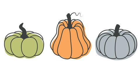 Bright illustration of pumpkins in a flat style. Cute vegetables are perfect for decorating autumn holidays, Halloween, healthy food, office supplies.