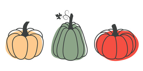 Bright illustration of pumpkins in a flat style. Cute vegetables are perfect for decorating autumn holidays, Halloween, healthy food, office supplies.