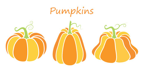 Bright illustration of pumpkins in a flat style. Cute vegetables are perfect for decorating autumn holidays, Halloween, healthy food, office supplies.