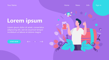 Happy man drinking cold beer with snacks flat vector illustration. Young guy holding big glass with alcohol and cheers. Drink and weekend concept