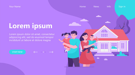 Happy young family standing in front of house flat vector illustration. Cartoon mother, father and kids being outside together. Togetherness, love, home and happiness concept