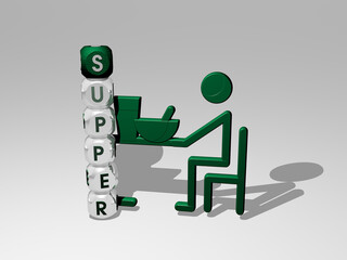 3D illustration of SUPPER graphics and text around the icon made by metallic dice letters for the related meanings of the concept and presentations. last and church