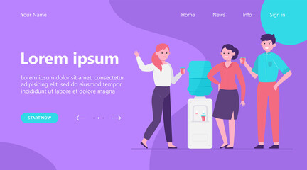 Office cooler meeting flat vector illustration. Cartoon young colleagues drinking water near dispenser and talking. Workplace and coffee break concept