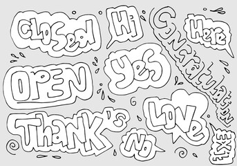 Hand drawn set of speech bubbles with handwritten text:0pen,closed,yes,here,thank's,hi,no,exit,congratulation,love.