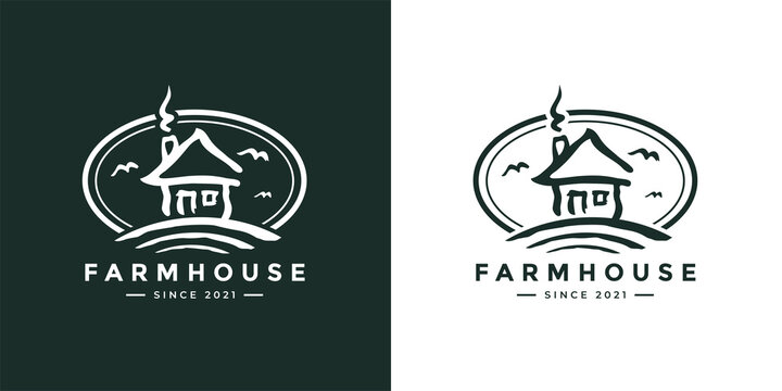 Farmhouse Logo Icon. Farmland Cabin On Hill Badge. Little Countryside Isolation House Sign. Rural Tiny Home Emblem. Vector Illustration.