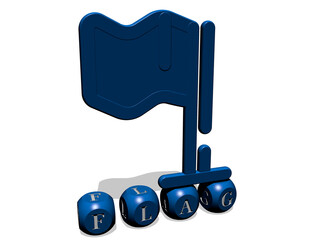 3D representation of flag with icon on the wall and text arranged by metallic cubic letters on a mirror floor for concept meaning and slideshow presentation. illustration and background