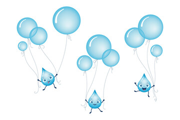 Vector illustration set of blue water and rain drops flying with blue bubble balloons with strings. Childrens composition for cards, backgrounds, fabric prints etc. Happy and funny cartoon characters.
