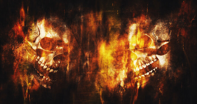 Human Skulls burning in blazing fire 3D Rendering. Grunge and worn look